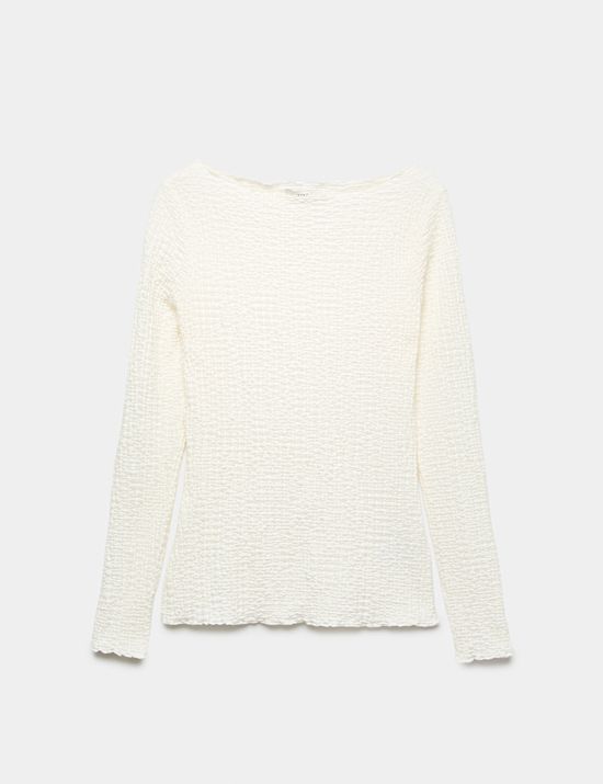 Slash Neck Textured Long Sleeve Top