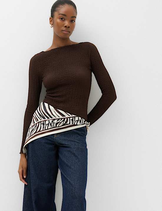 Slash Neck Textured Long Sleeve Top