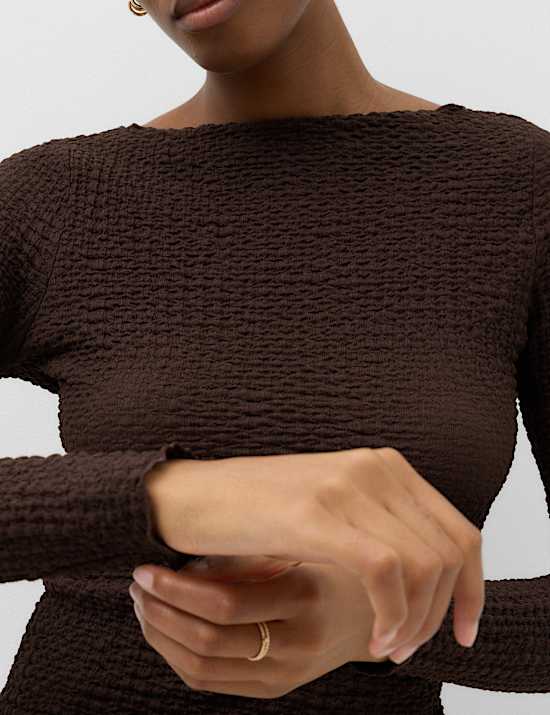 Slash Neck Textured Long Sleeve Top