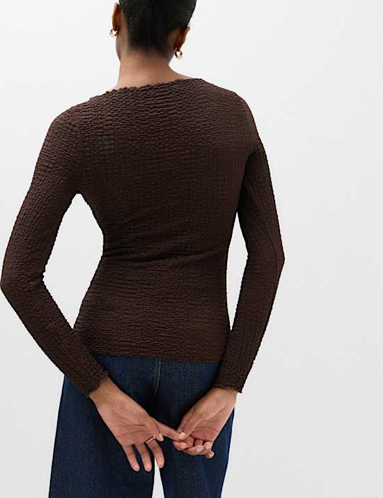 Slash Neck Textured Long Sleeve Top