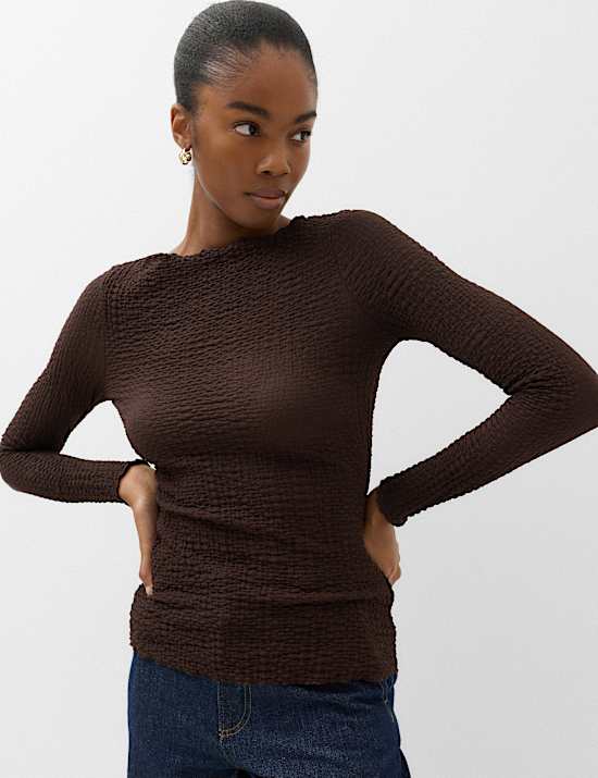 Slash Neck Textured Long Sleeve Top