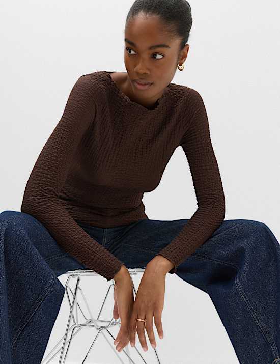 Slash Neck Textured Long Sleeve Top