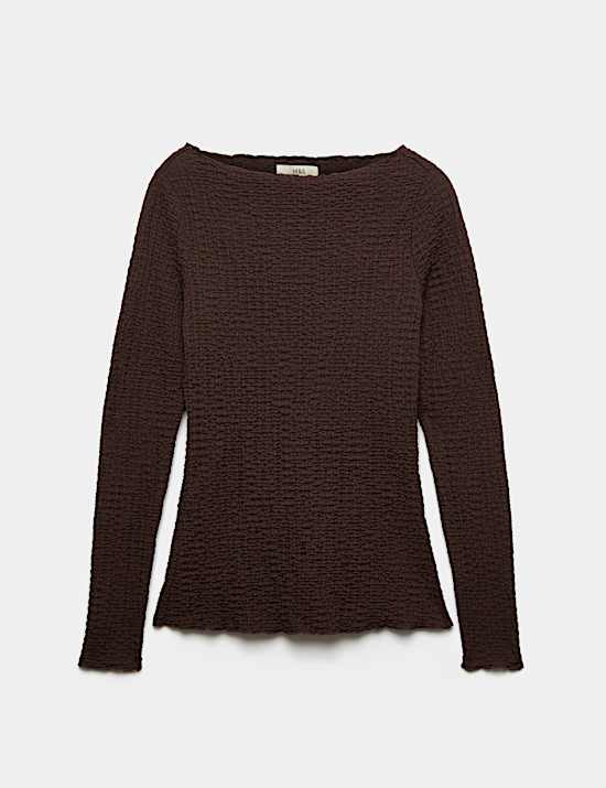 Slash Neck Textured Long Sleeve Top