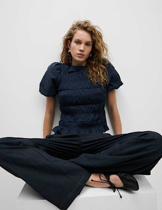 Pure Cotton Jersey Smocked Puff Sleeve Top