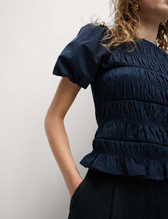 Pure Cotton Jersey Smocked Puff Sleeve Top