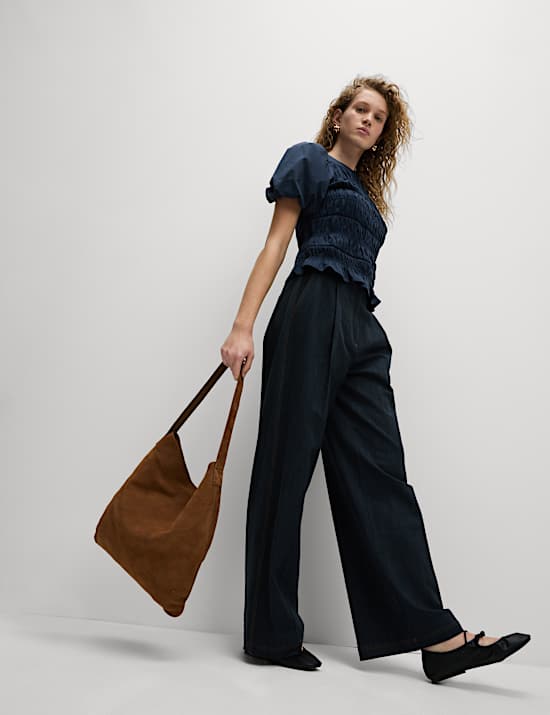 Pure Cotton Jersey Smocked Puff Sleeve Top