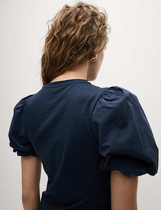 Pure Cotton Jersey Smocked Puff Sleeve Top