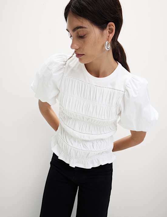 Pure Cotton Jersey Smocked Puff Sleeve Top