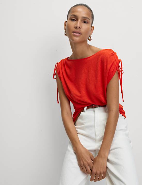 Linen Blend Ruched T-Shirt