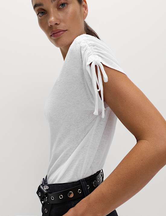 Linen Blend Ruched T-Shirt