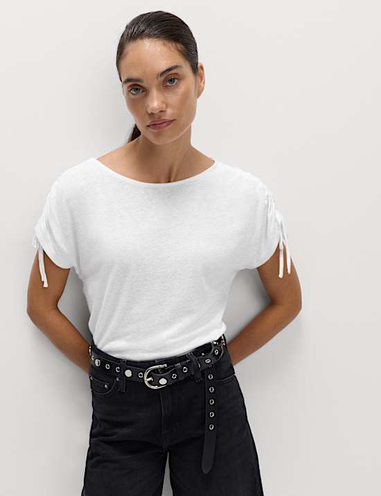 Linen Blend Ruched T-Shirt