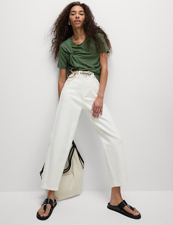 Linen Rich Crew Neck Twist Front T-Shirt