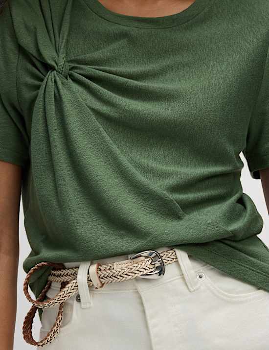 Linen Rich Crew Neck Twist Front T-Shirt