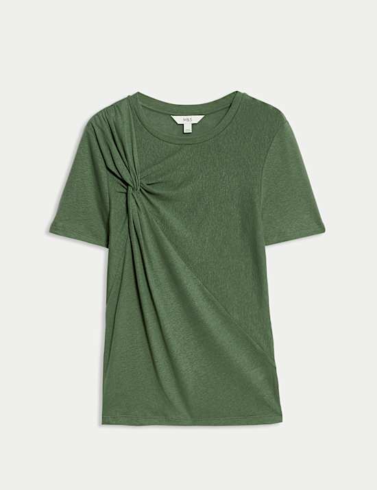Linen Rich Crew Neck Twist Front T-Shirt