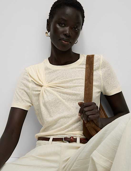 Linen Rich Crew Neck Twist Front T-Shirt