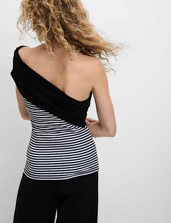 Cotton Rich Striped Ribbed One Shoulder Top