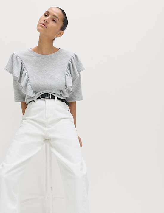 T-shirt en coton m&eacute;lang&eacute; &agrave; manches courtes et volants