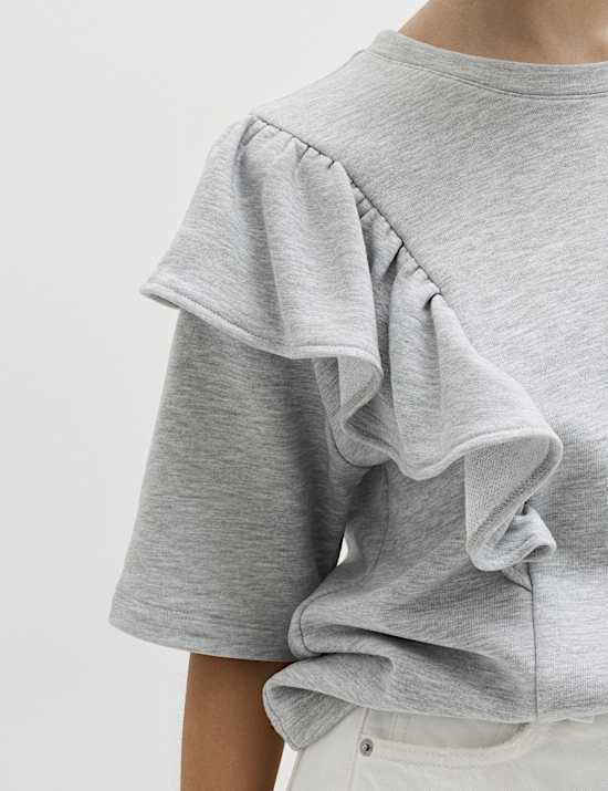 T-shirt en coton m&eacute;lang&eacute; &agrave; manches courtes et volants