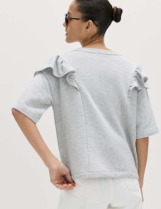 T-shirt en coton m&eacute;lang&eacute; &agrave; manches courtes et volants