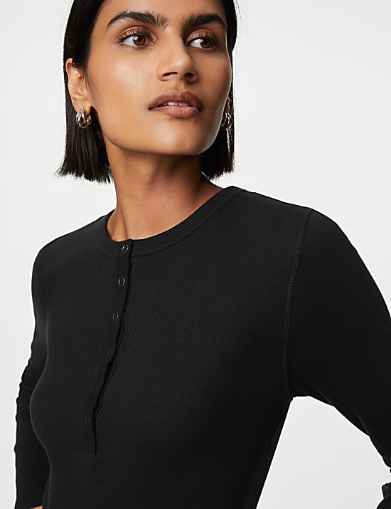 Cotton Rich Ribbed Henley Top