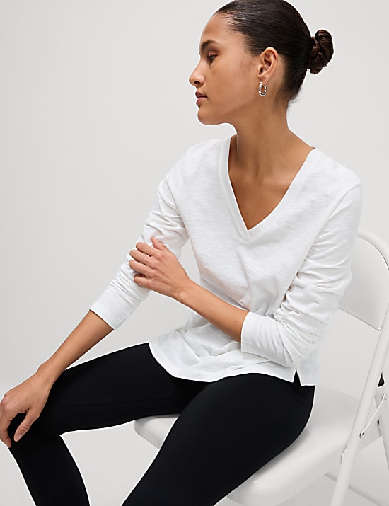 Pure Cotton Long Sleeve V-Neck Top