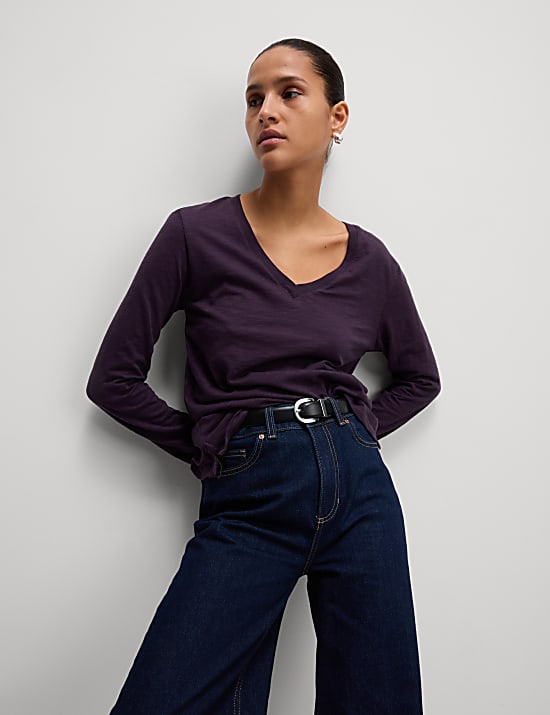 Pure Cotton Long Sleeve V-Neck Top