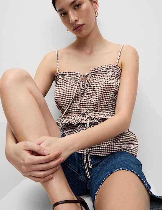 Modal Rich Gingham Tie Front Cami Top