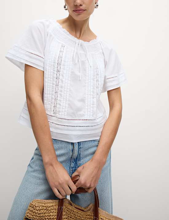 Pure Cotton Embroidered Tie Neck Top