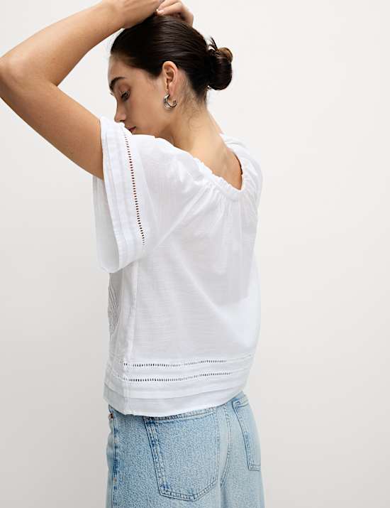 Pure Cotton Embroidered Tie Neck Top