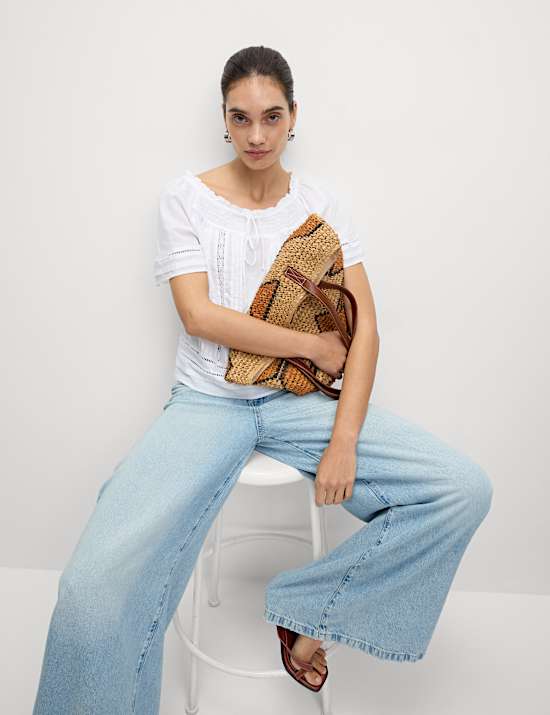 Pure Cotton Embroidered Tie Neck Top