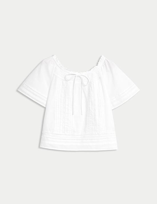Pure Cotton Embroidered Tie Neck Top