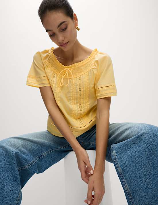 Pure Cotton Embroidered Tie Neck Top