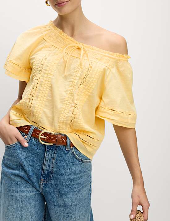 Pure Cotton Embroidered Tie Neck Top