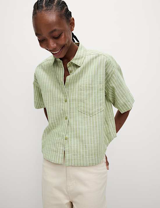 Pure Cotton Cropped Striped Shirt