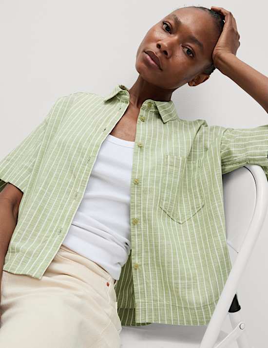 Pure Cotton Cropped Striped Shirt