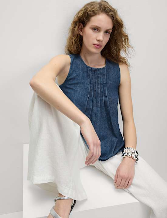 Pure Cotton Denim Pintuck Cami
