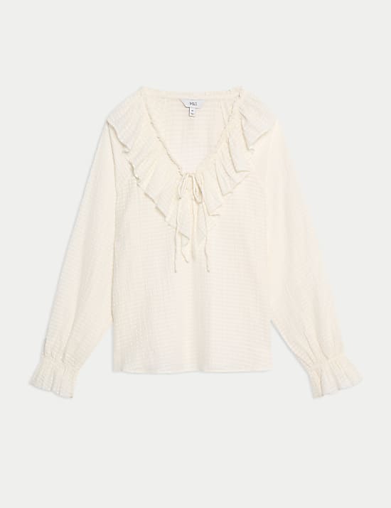 Pure Cotton Textured V-Neck Ruffle Blouse