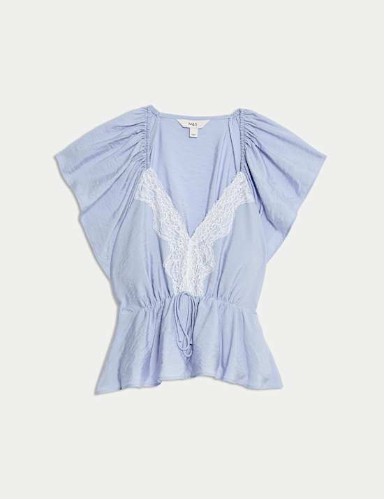 Lace V-Neck Ruffle Angel Sleeve Blouse