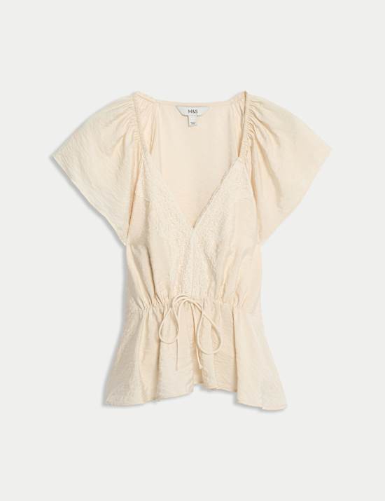 Lace V-Neck Ruffle Angel Sleeve Blouse