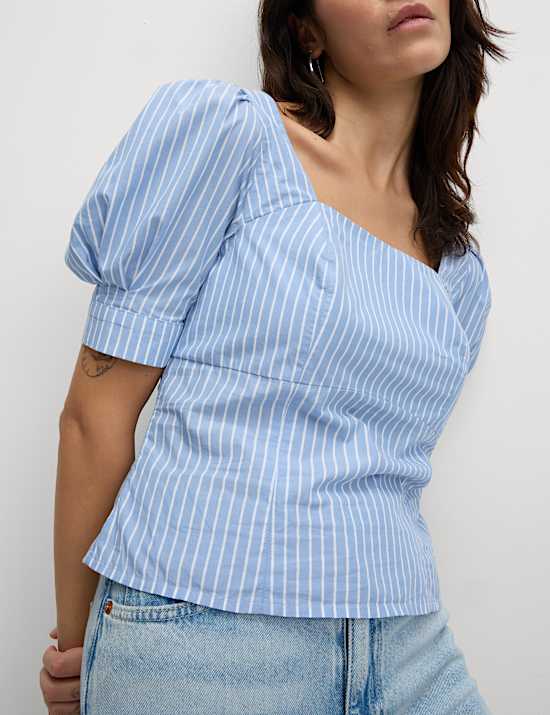 Pure Cotton Striped Square Neck Slim Fit Top