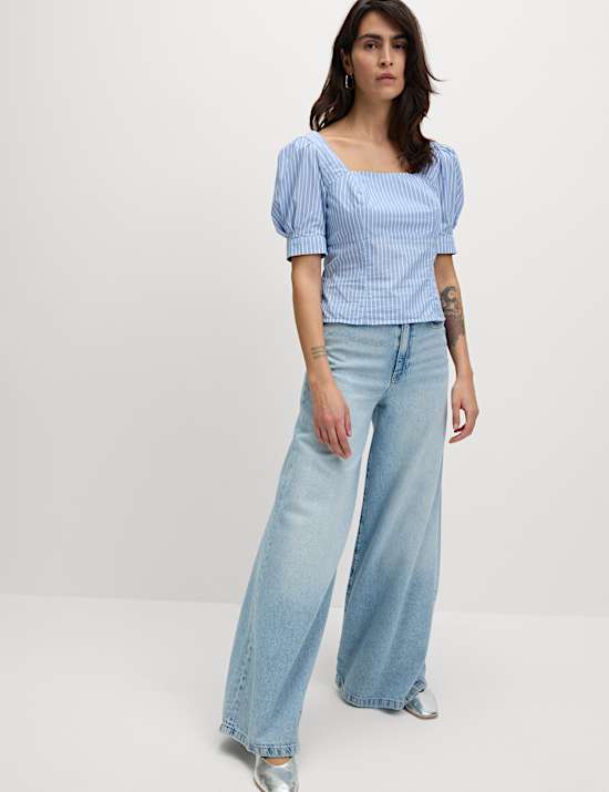 Pure Cotton Striped Square Neck Slim Fit Top