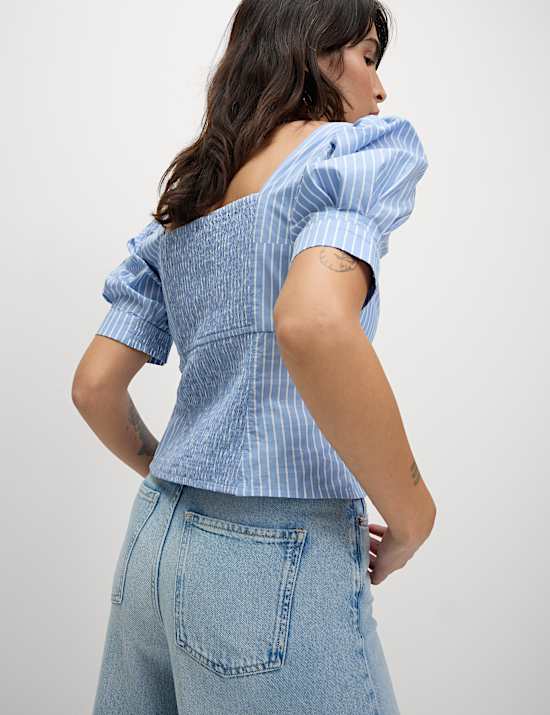 Pure Cotton Striped Square Neck Slim Fit Top