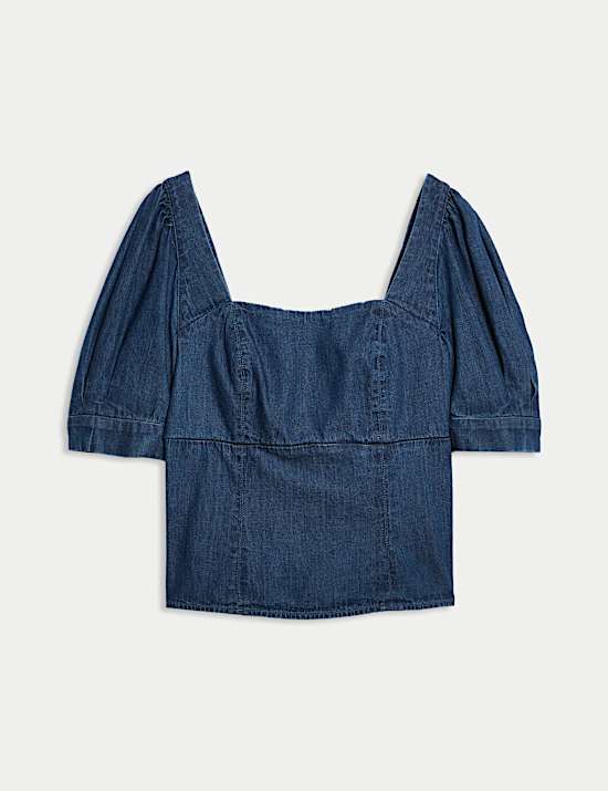 Pure Cotton Denim Square Neck Slim Fit Top