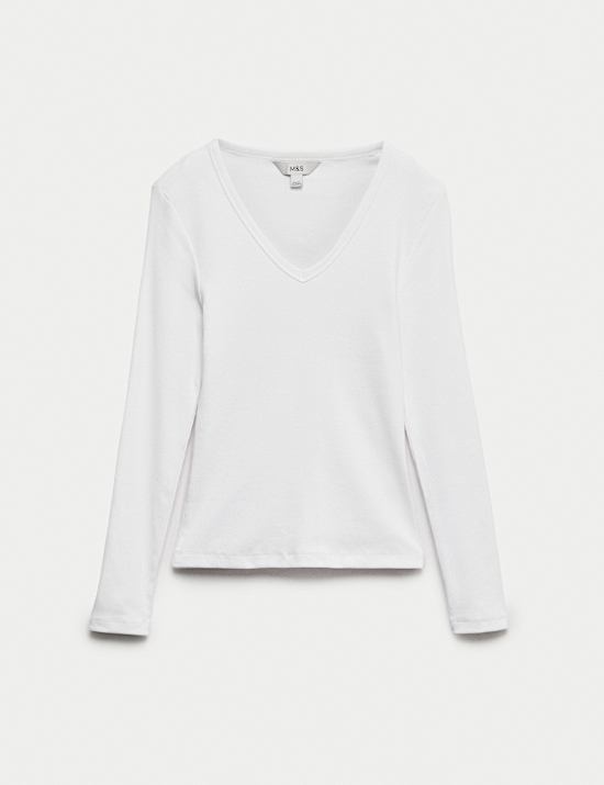 Cotton Rich Ribbed Plain V-Neck Slim Fit Top