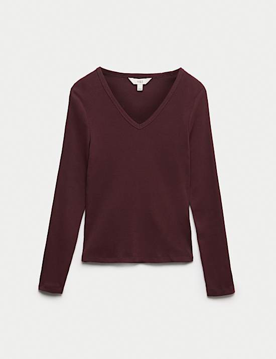 Cotton Rich Ribbed Plain V-Neck Slim Fit Top