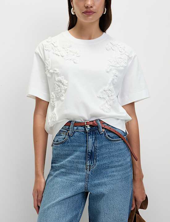 Pure Cotton Ribbon Appliqué Crew Neck T-Shirt