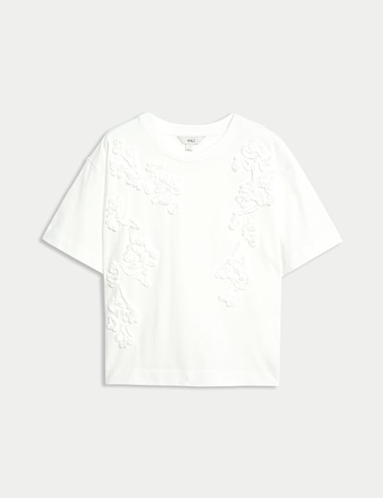 Pure Cotton Ribbon Appliqué Crew Neck T-Shirt