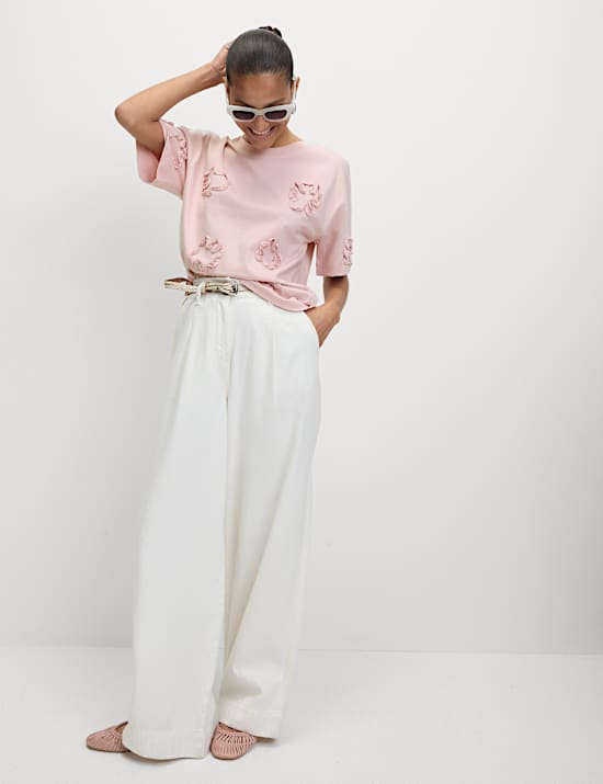 Pure Cotton Ribbon Appliqué Boxy T-Shirt