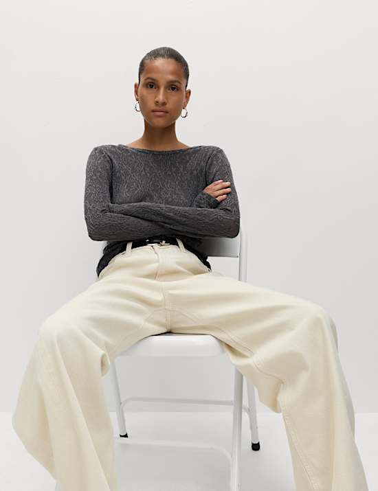 Long Sleeve Floral Mesh Slash Neck Top