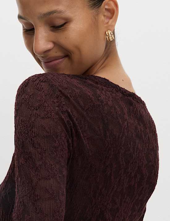 Long Sleeve Floral Mesh Slash Neck Top